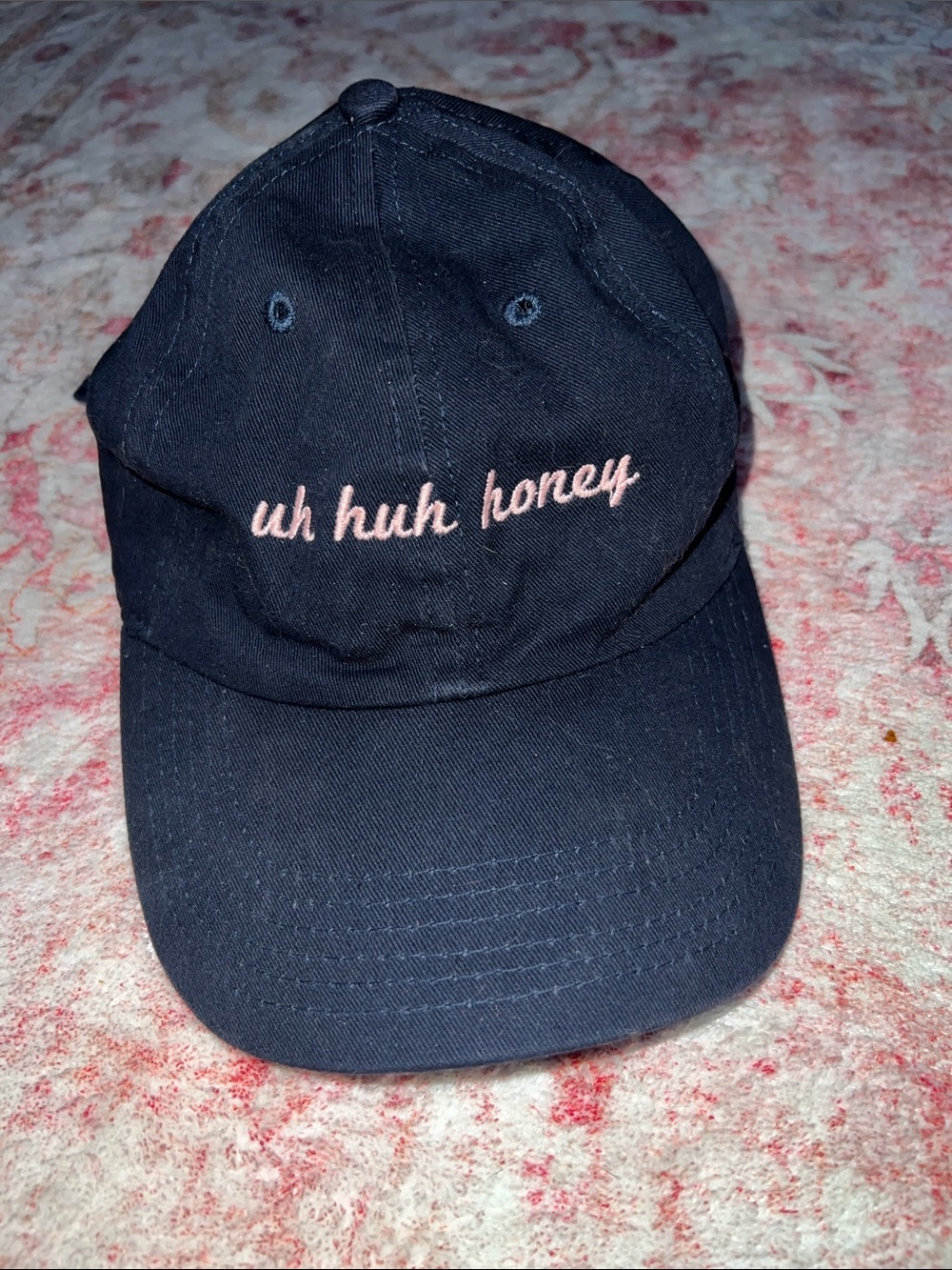 Brandy Melville Navy Blue Cap with Pink "uh huh honey" Embroidery